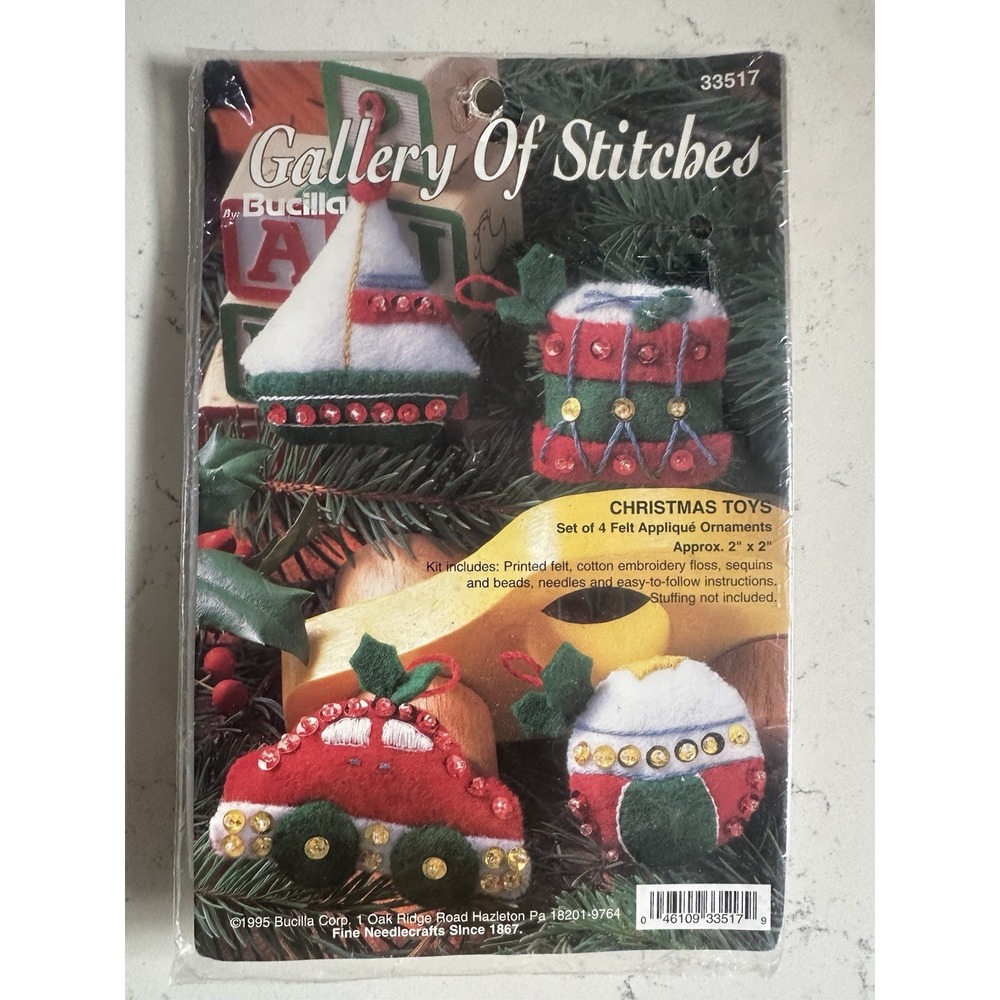Vintage 1995 Bucilla Christmas Toys Felt Applique Ornament Kit 33517 Set of 4